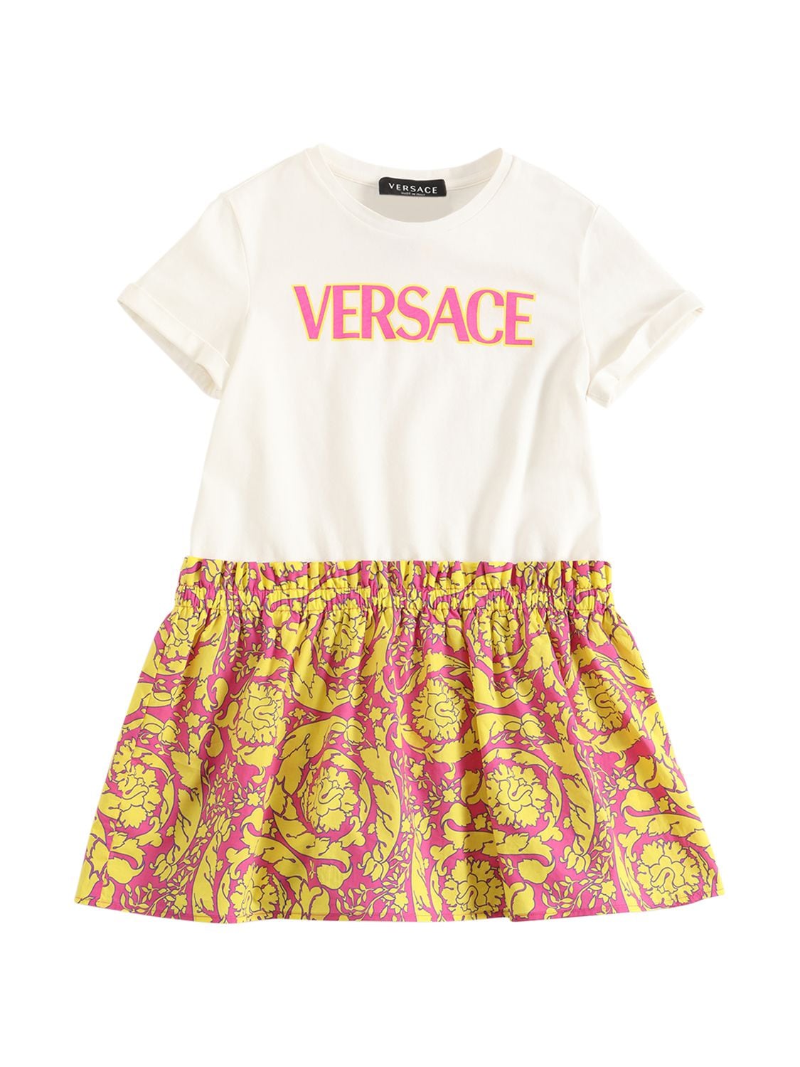 Versace Kids' Barocco印花棉质平纹针织连衣裙 In White,multi