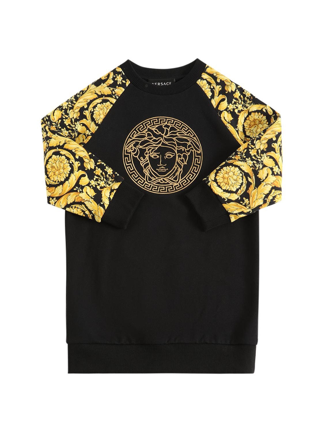 Versace Kids' Barocco Print Cotton Sweat Dress W/logo In Black,gold