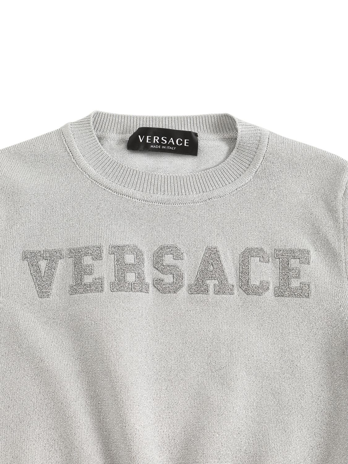 Shop Versace Embroidered Logo Cotton Sweater In Grey
