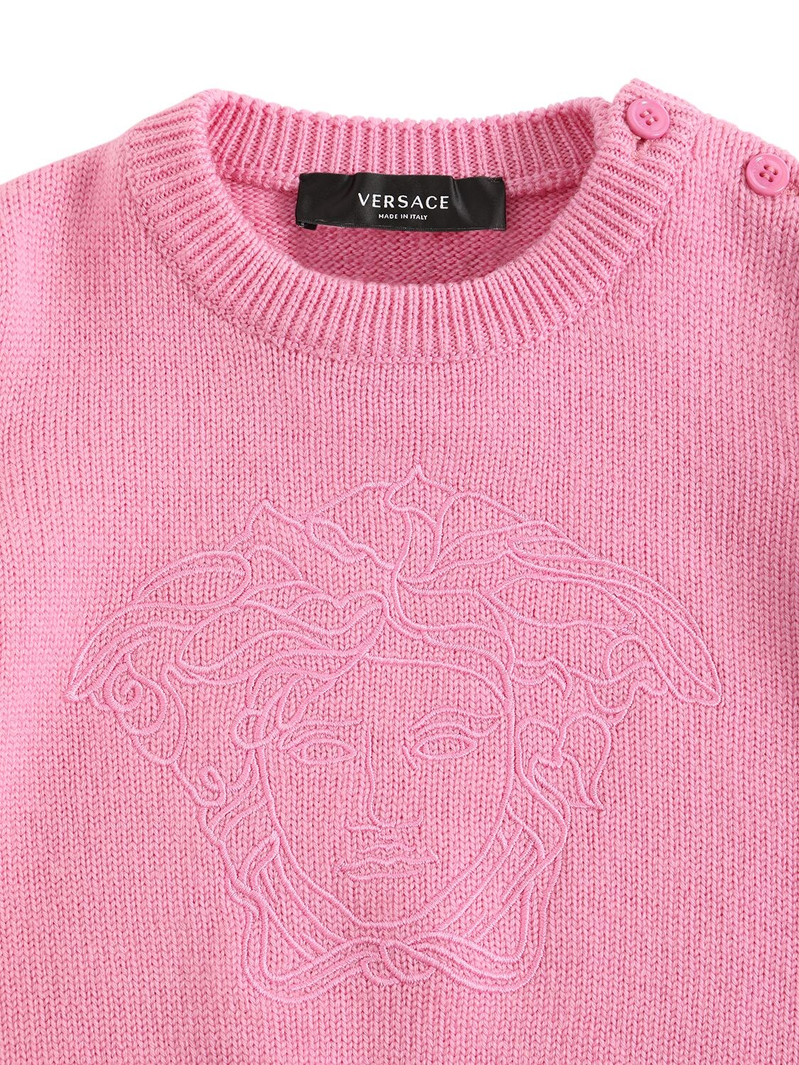 Shop Versace Medusa Embroidered Logo Wool Sweater In Pink