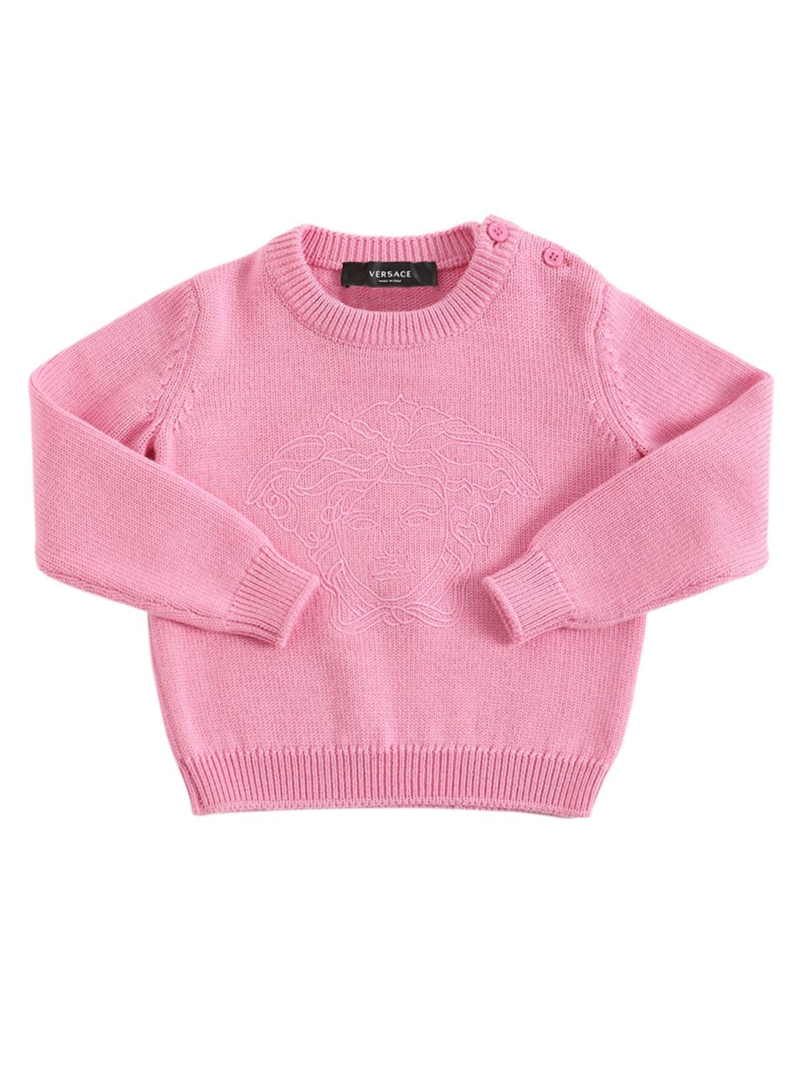 Versace Kids' Medusa Embroidered Logo Wool Sweater In Pink