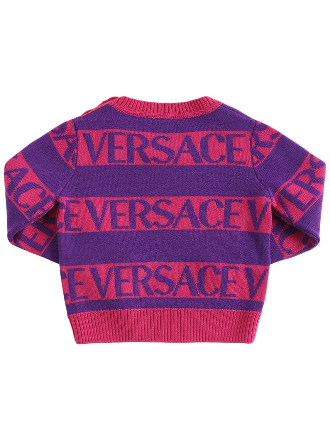 Shop Versace Intarsia Logo Striped Wool Sweater In Purple,fuchsia