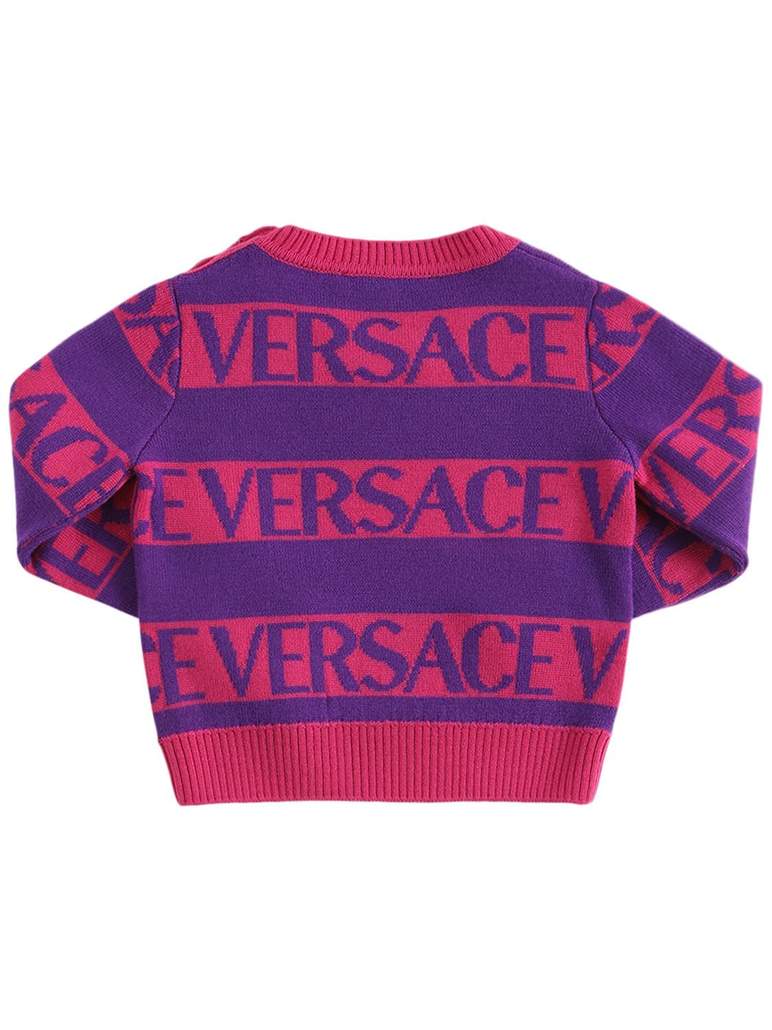 Shop Versace Intarsia Logo Striped Wool Sweater In Purple,fuchsia