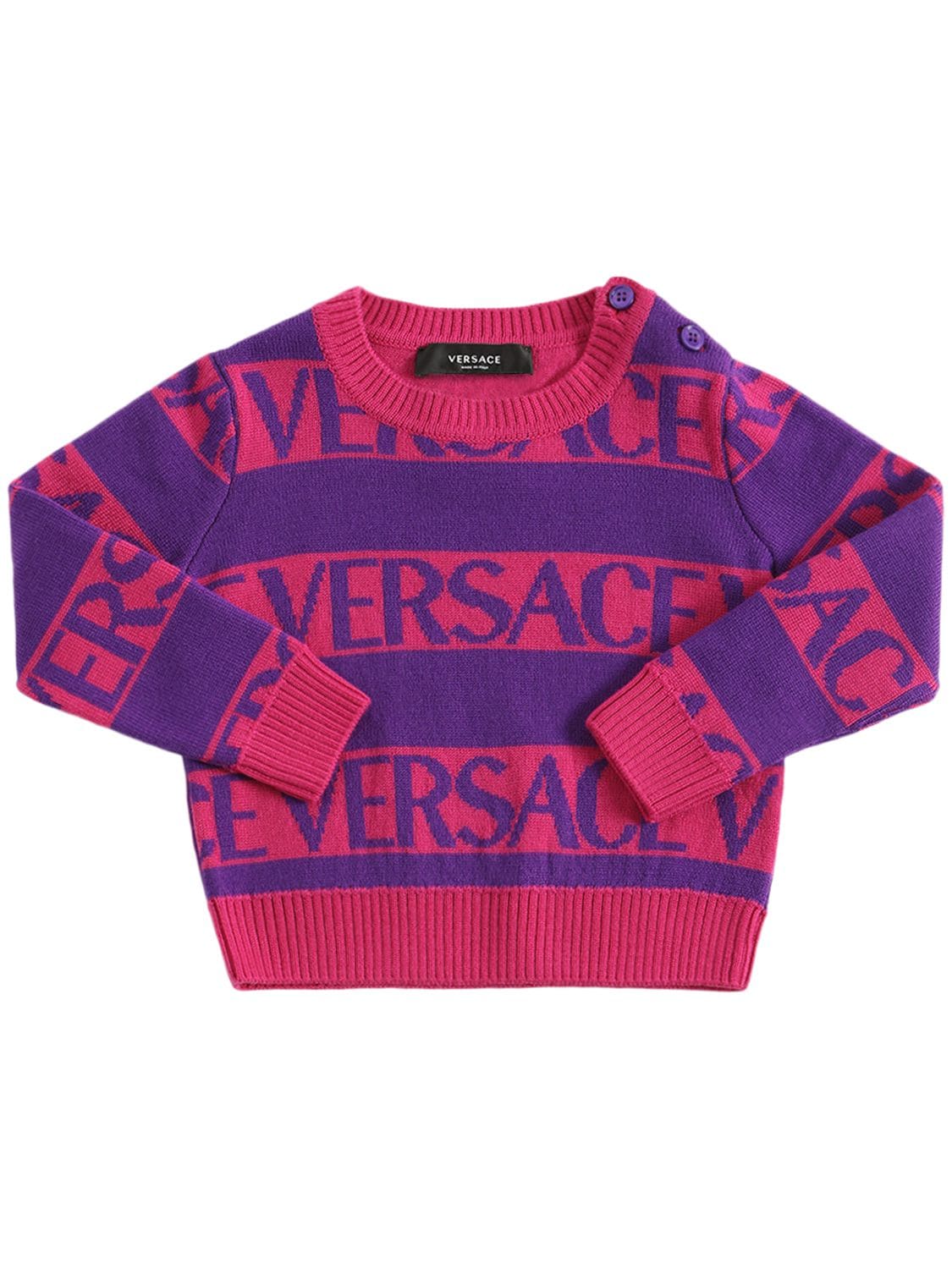 Versace Kids' Intarsia Logo Striped Wool Sweater In Purple,fuchsia