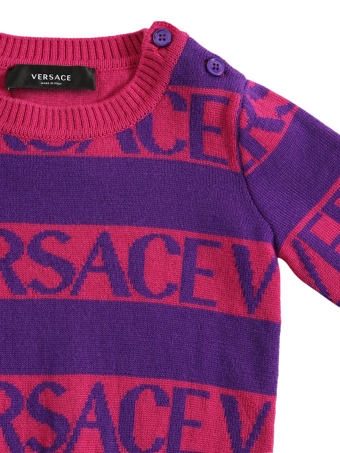 VERSACE INTARSIA LOGO STRIPED WOOL SWEATER 