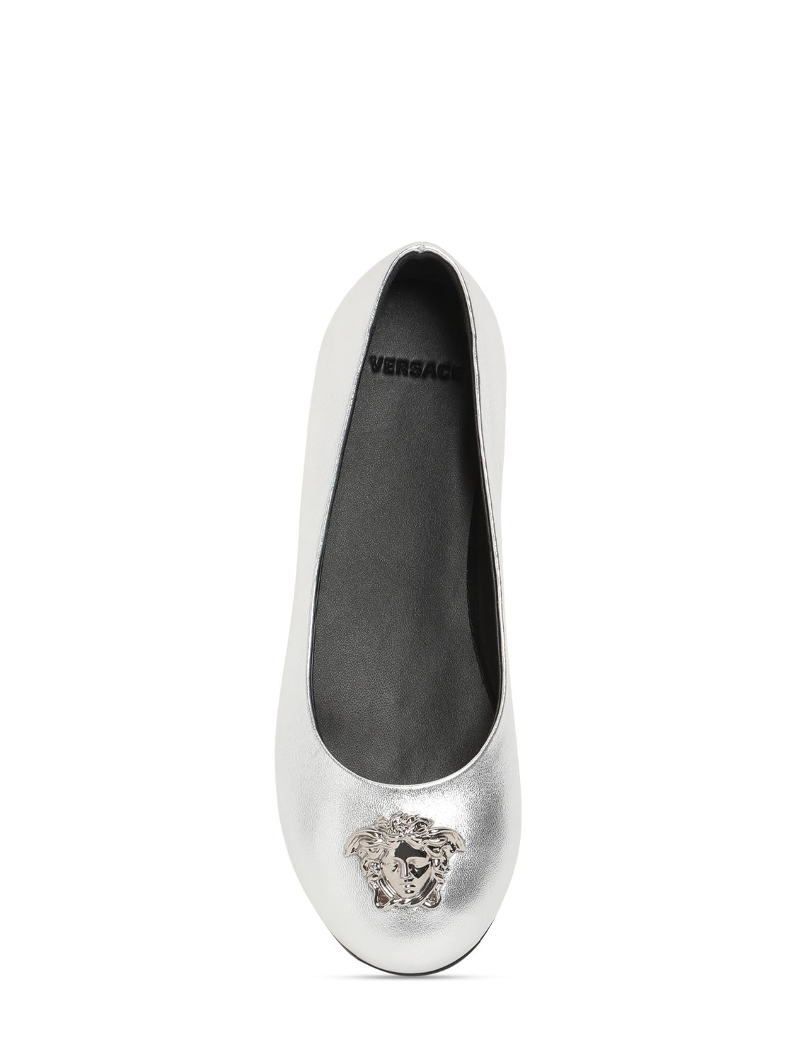 Shop Versace Laminated Leather Ballerinas W/ Medusa In Silver