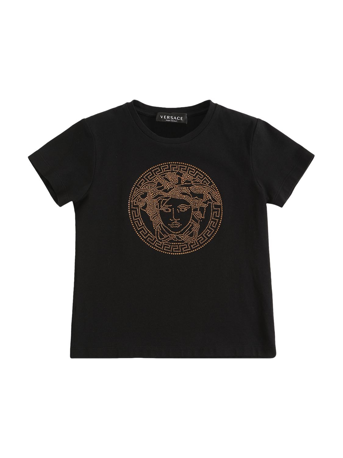 Versace Kids' Crystal Logo Cotton T-shirt In Black,gold