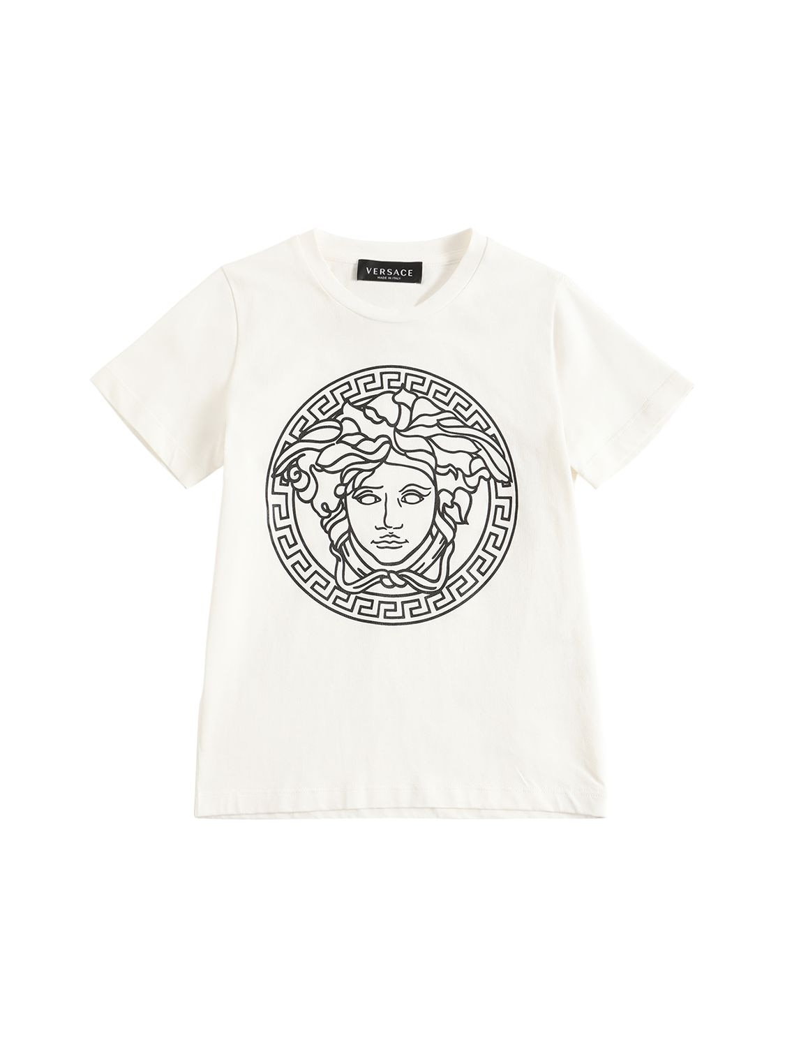 Versace Kids' Logo Print Cotton Jersey T-shirt In White+blac