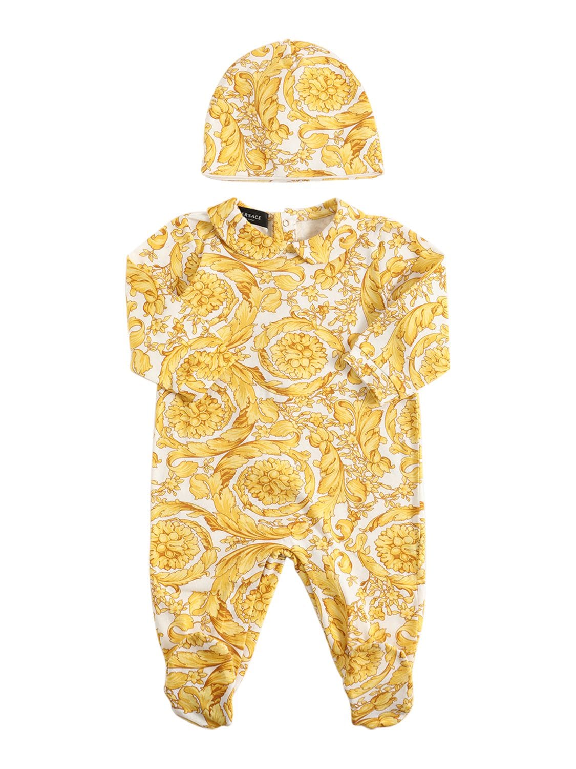 Shop Versace Barocco Printed Cotton Romper & Hat In White,gold