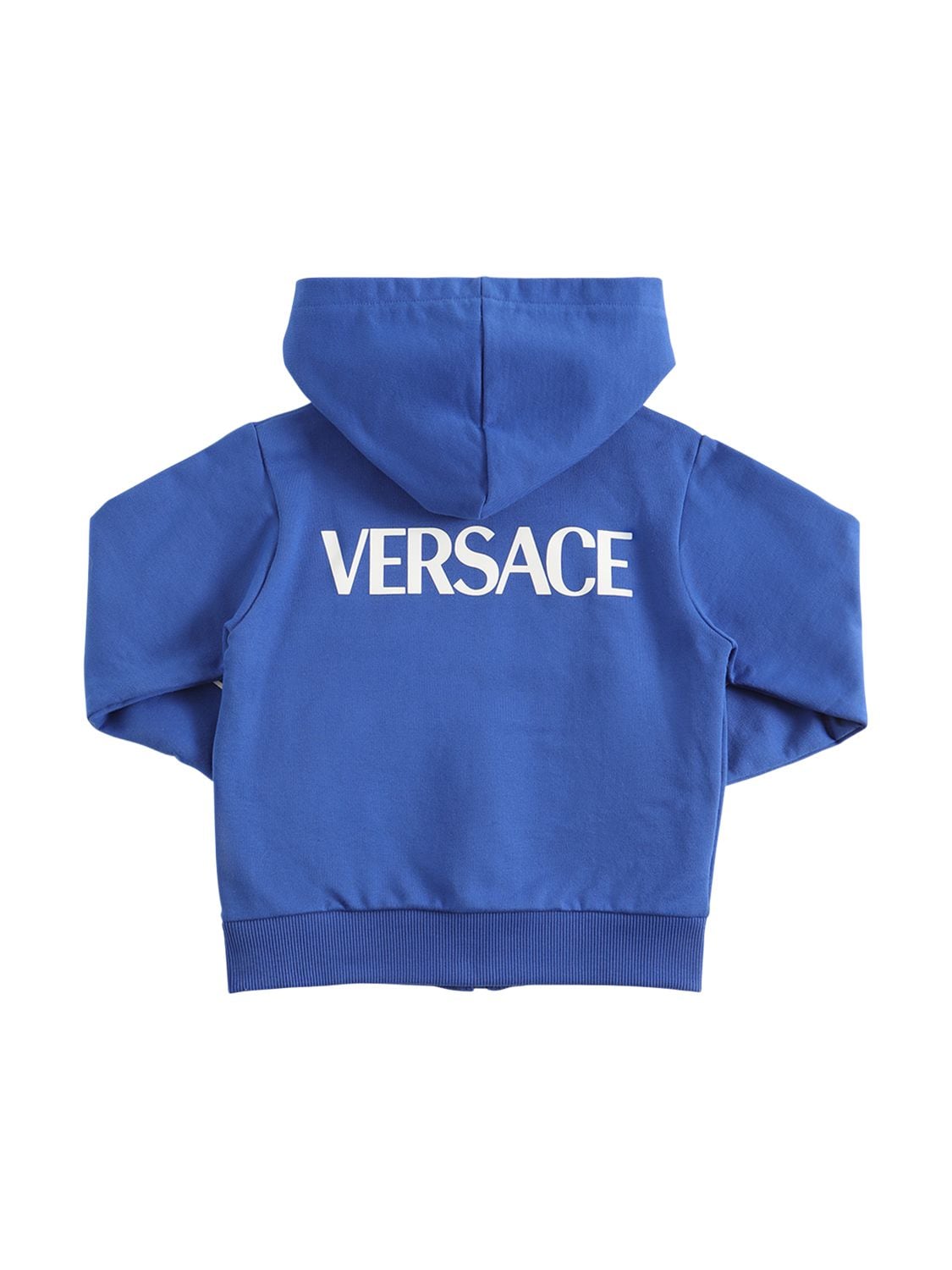 Versace Kids' Logo & Greca Print Cotton Zip Hoodie In Blue