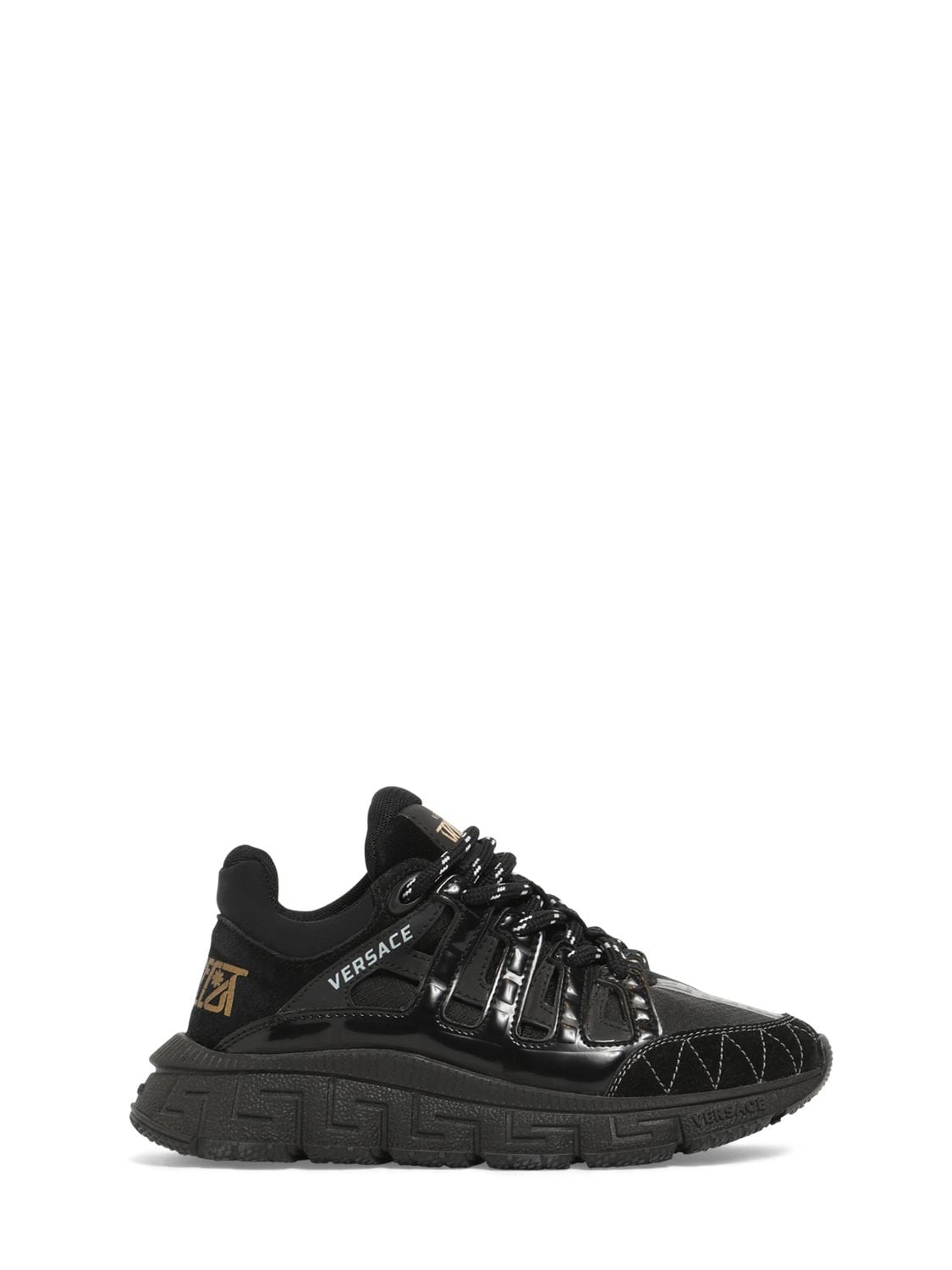 Versace Kids' Logo Leather & Mesh Lace-up Sneakers In Black