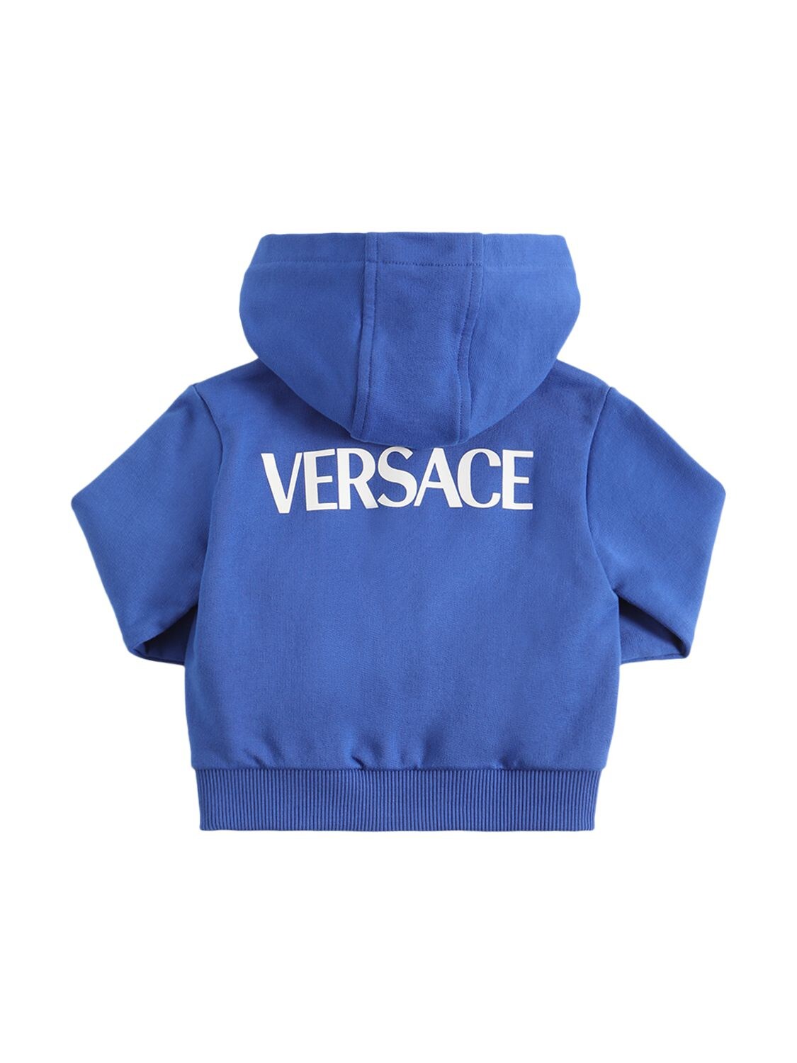 Shop Versace Logo & Greca Print Cotton Zip Hoodie In Blue