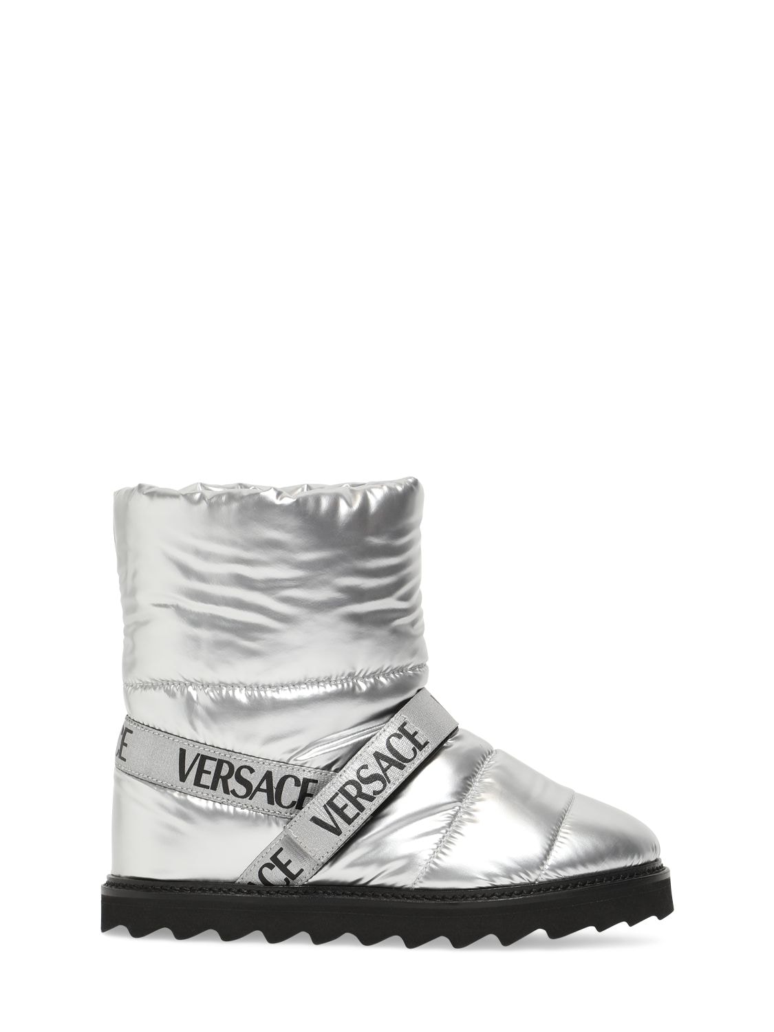 Versace Kids' Logo Quilted Nylon Snow Boots In Metallic