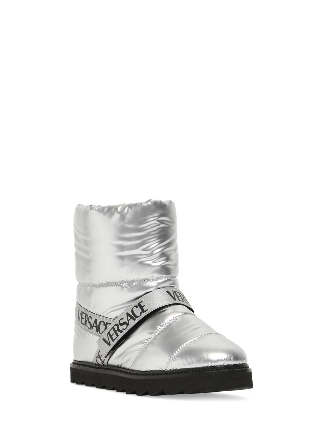 Shop Versace Logo Quilted Nylon Snow Boots In Silver