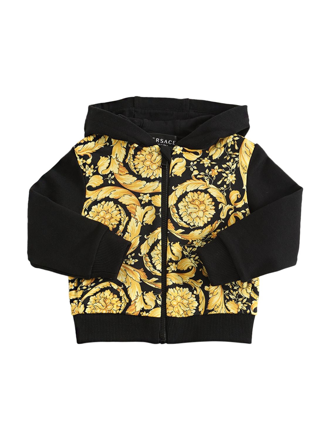 Versace Kids' Barocco Print Cotton Zip Hoodie In Black,gold