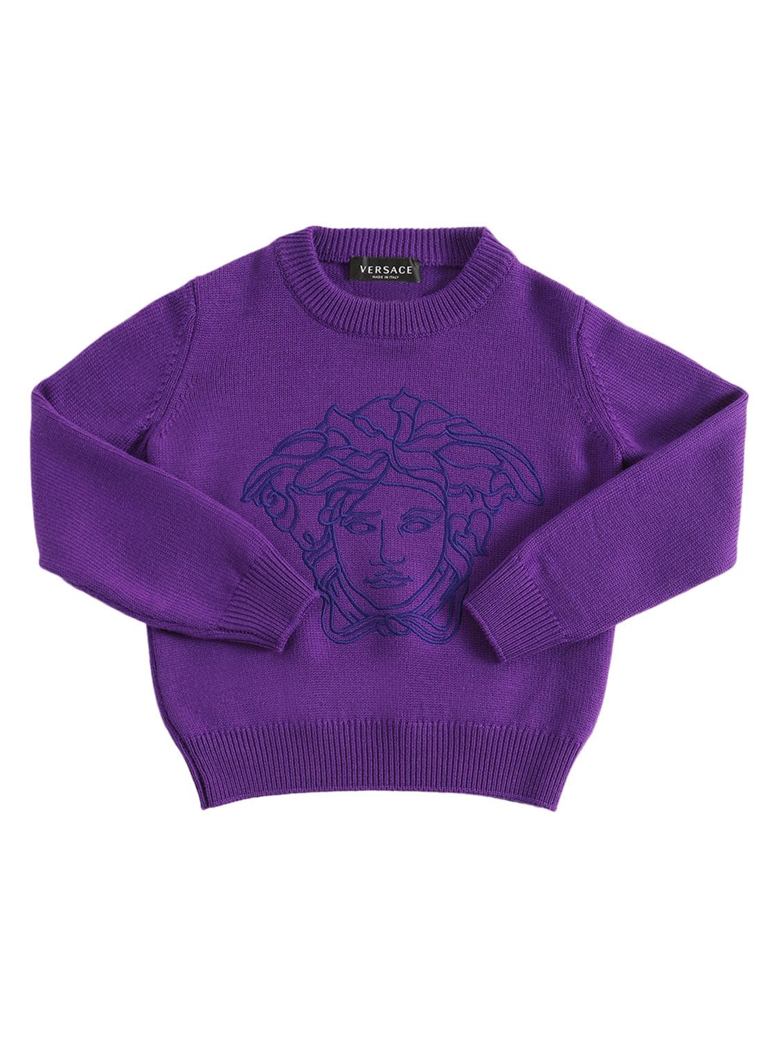 Versace Kids' Medusa Embroidery Wool Sweater In Purple