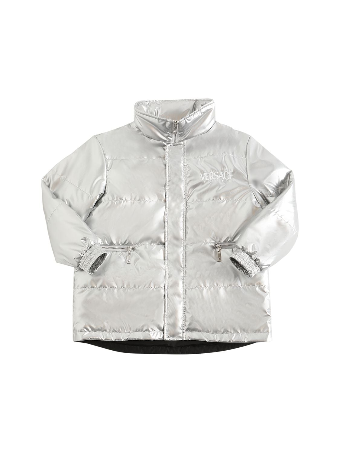 Shop Versace Logo Embroidered Nylon Puffer Jacket In Silver