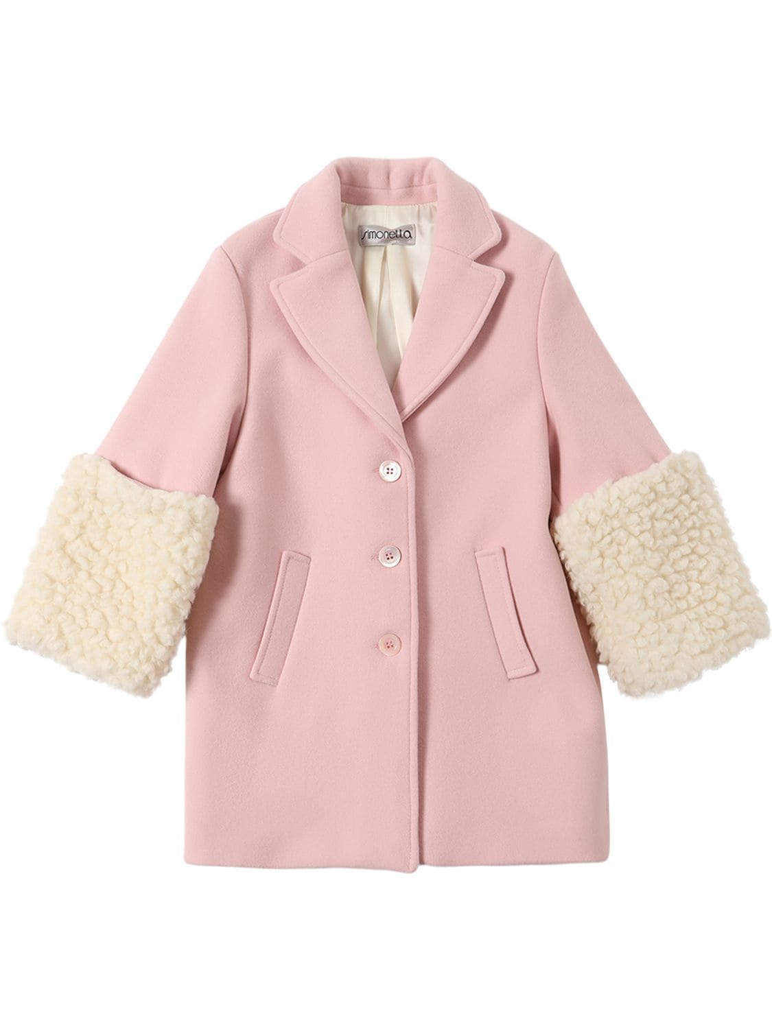 Simonetta Kids' Wool Blend Coat W/ Faux Fur In Pink,cream