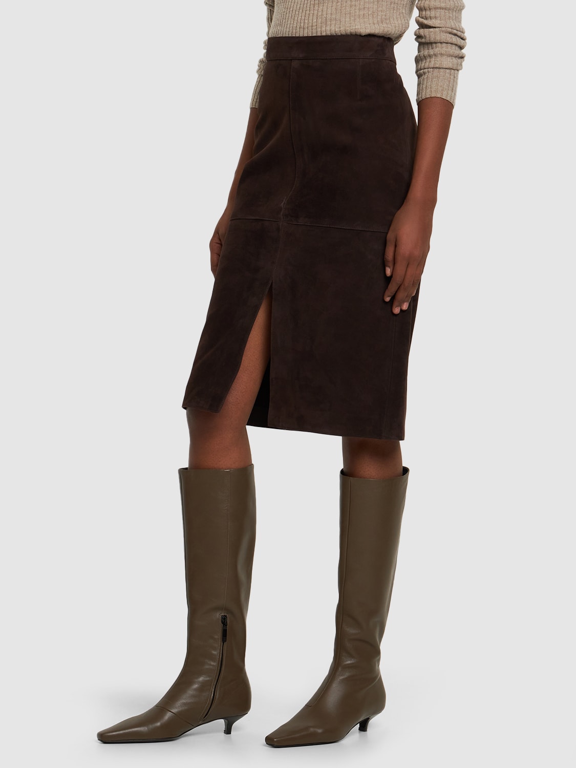 Shop Totême 35mm The Slim Leather & Suede Tall Boots In Taupe