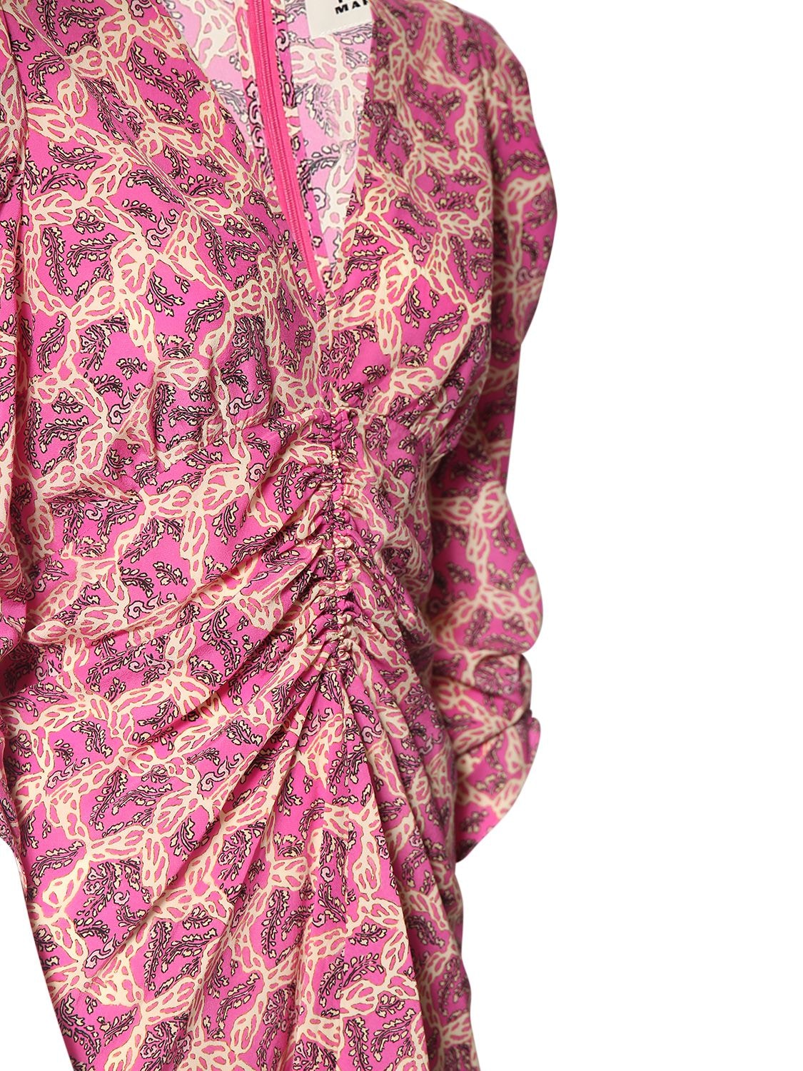 Shop Isabel Marant Aliniza Gathered Floral Silk Mini Dress In Fuchsia