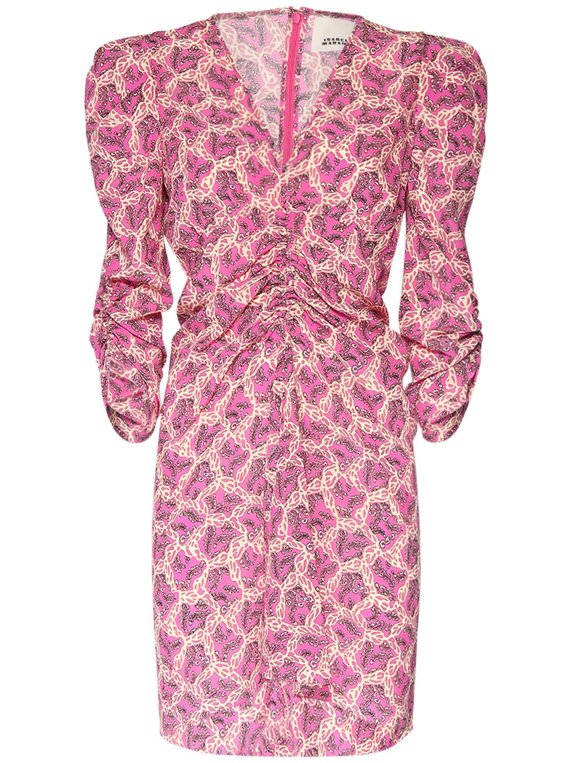 Shop Isabel Marant Aliniza Gathered Floral Silk Mini Dress In Fuchsia