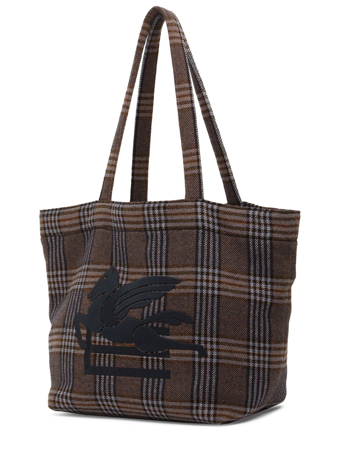 Shop Etro Logo Embroidery Check Canvas Tote Bag In Blue