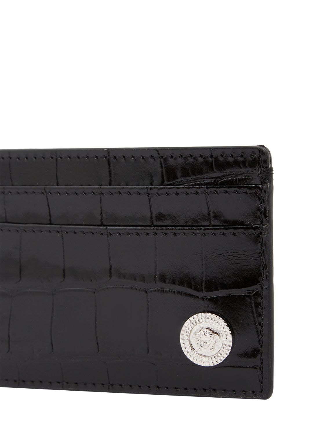 Shop Versace Croc Embossed Logo Card Holder In Black,silver