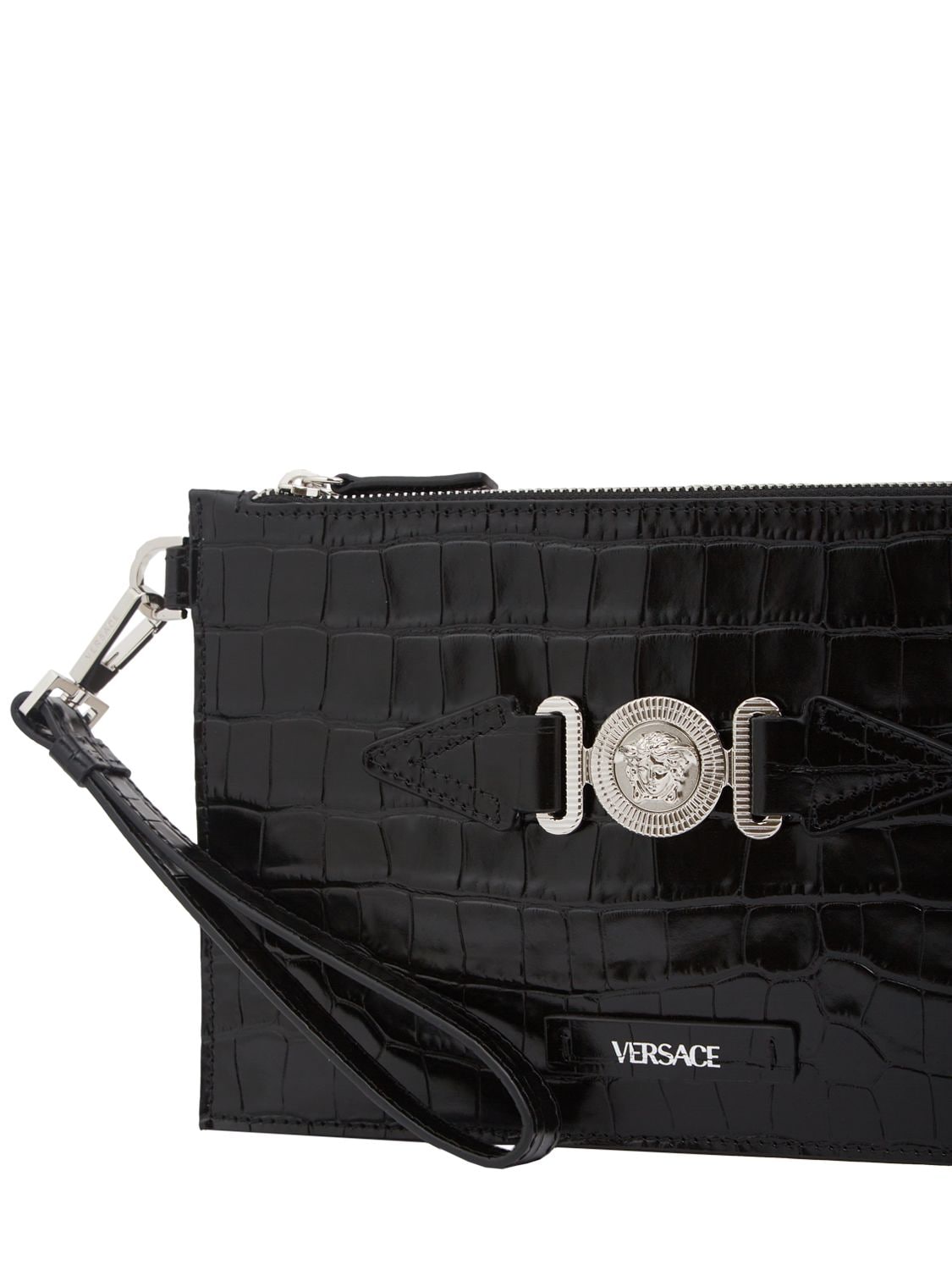Shop Versace Croc Embossed Logo Pouch In Black,silver