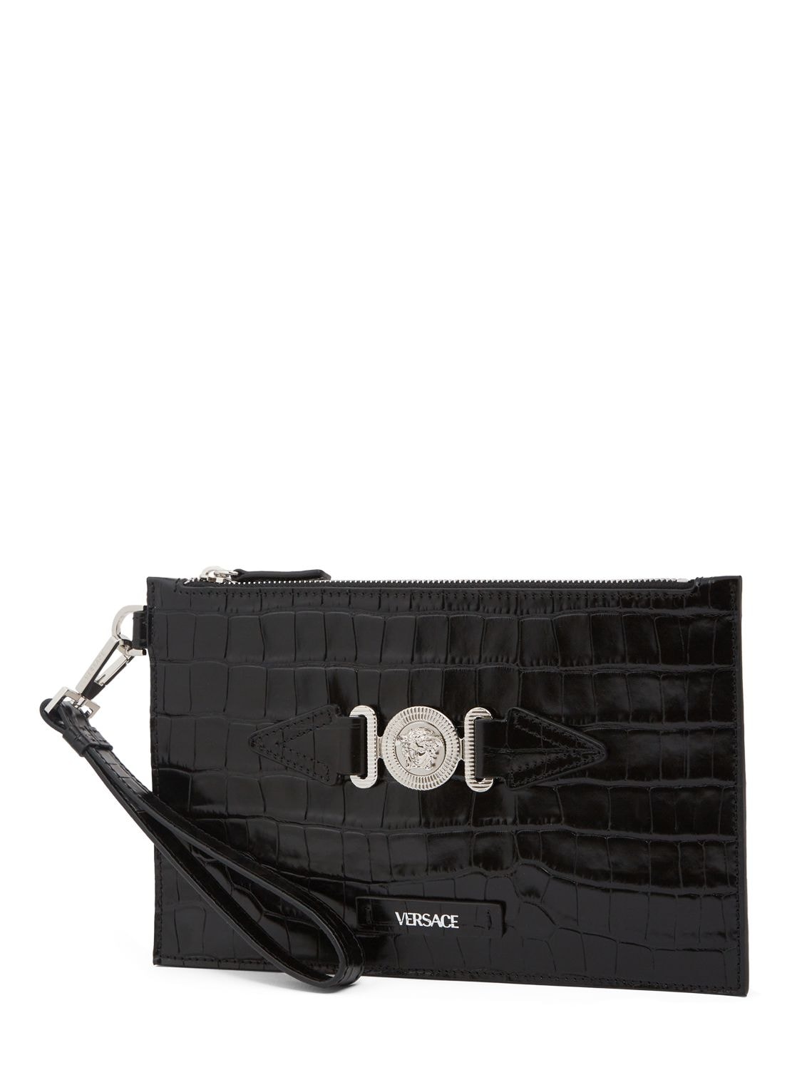 Shop Versace Croc Embossed Logo Pouch In Black,silver