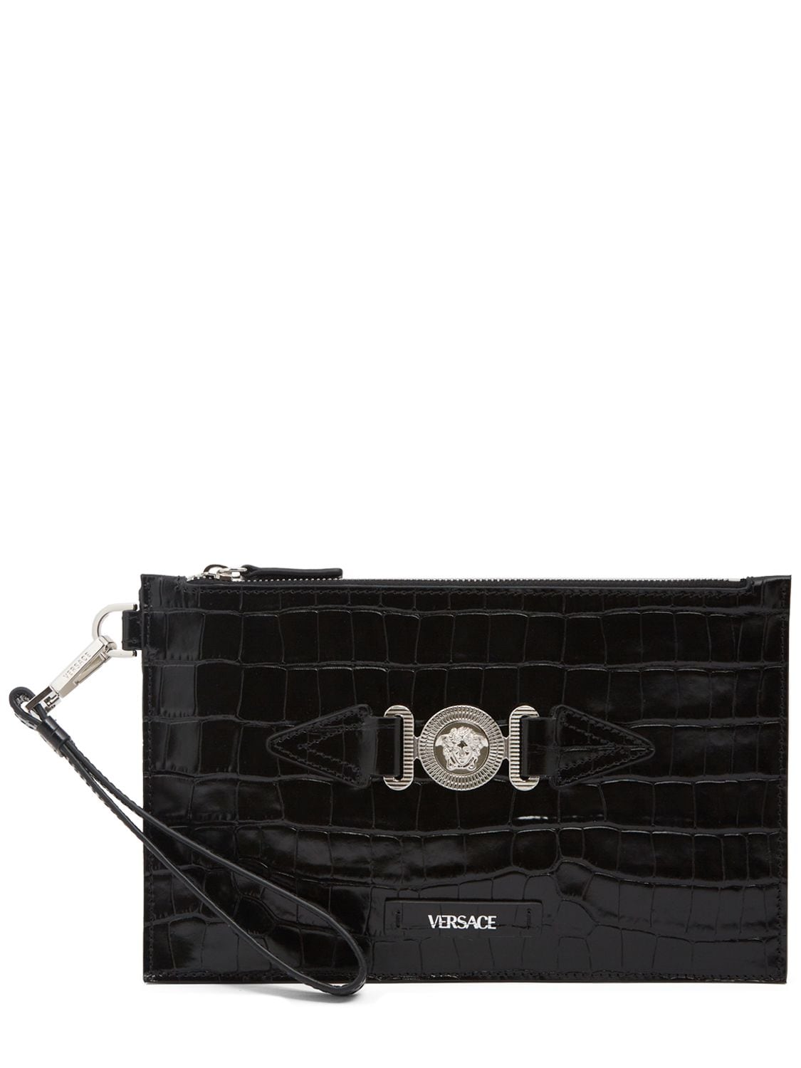 Versace Croc Embossed Logo Pouch In Black,silver