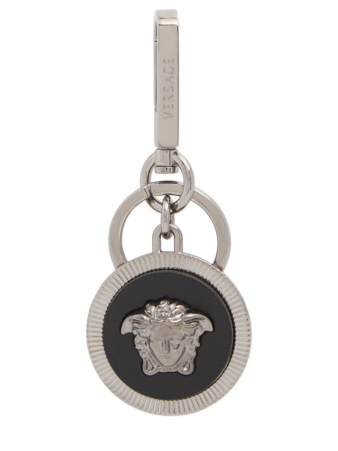 Versace Metal Logo Key Ring In Silver,black