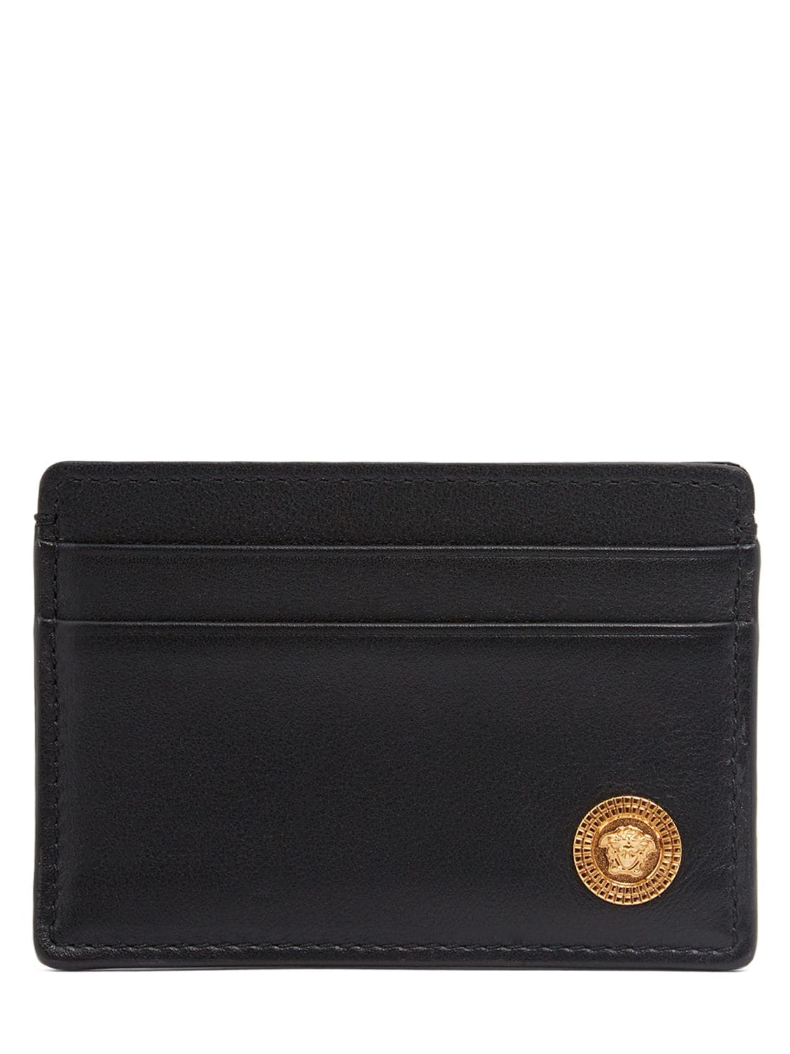 Versace Leather Logo Card Case In Black,gold