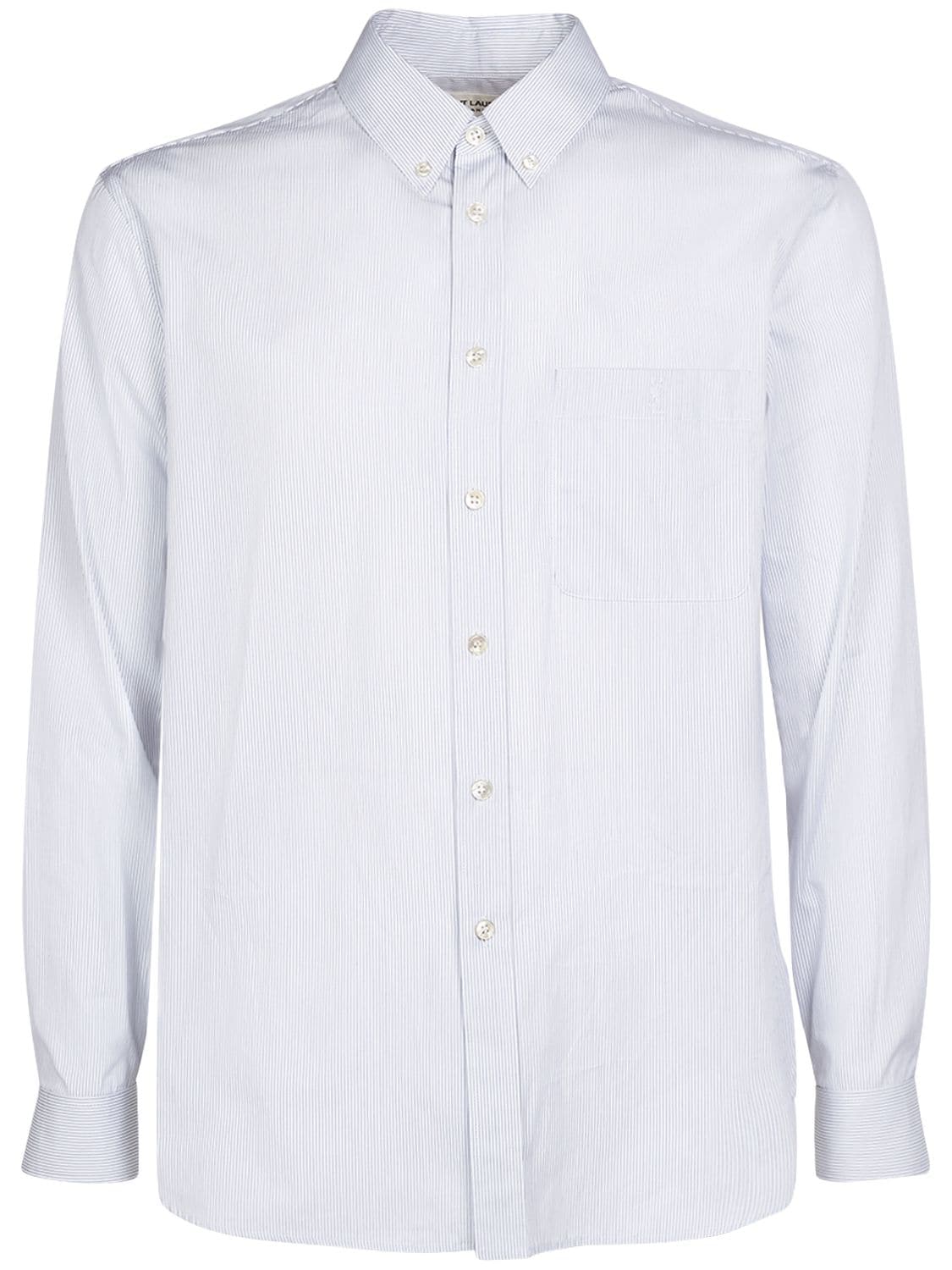 Shop Saint Laurent Embroidered Striped Cotton Shirt In White,blue