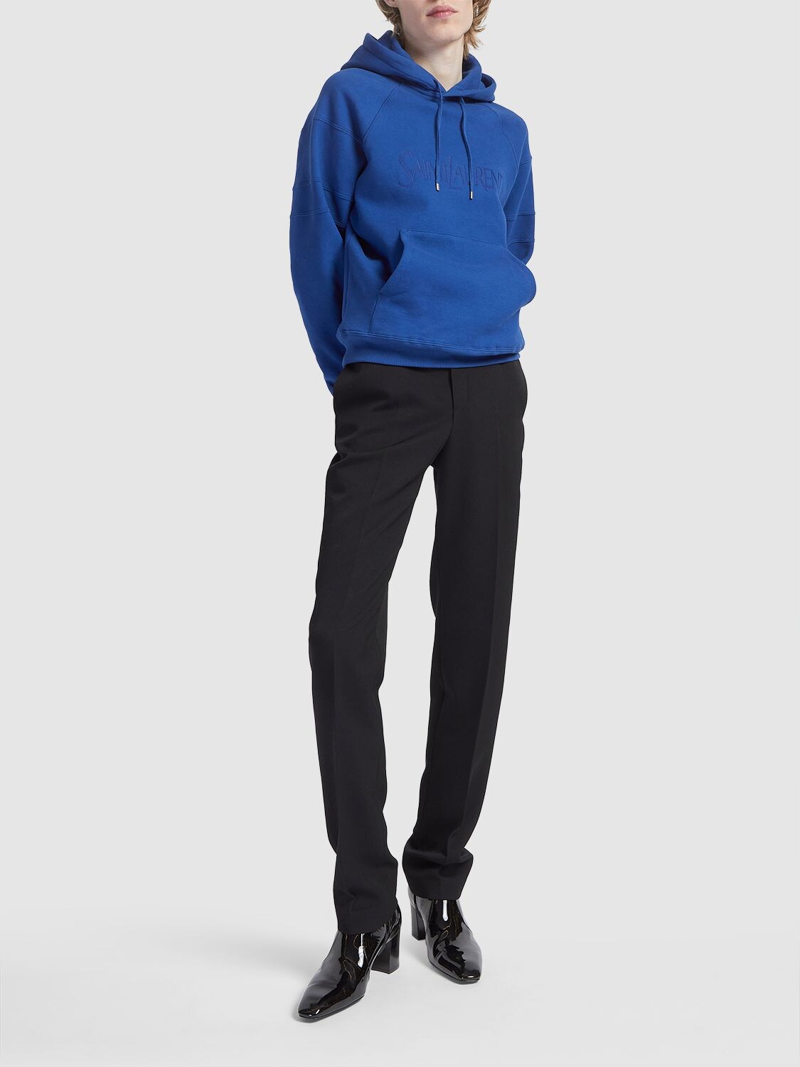 Shop Saint Laurent Large Embroidered Cotton Hoodie In Blue