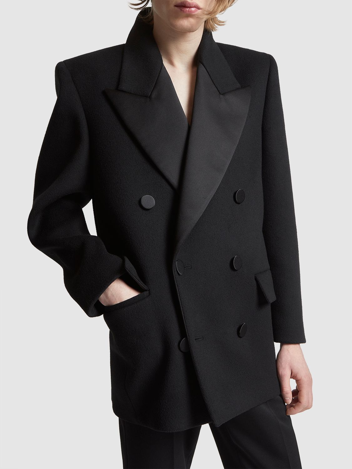 Shop Saint Laurent Caban Wool Tuxedo Jacket In Black