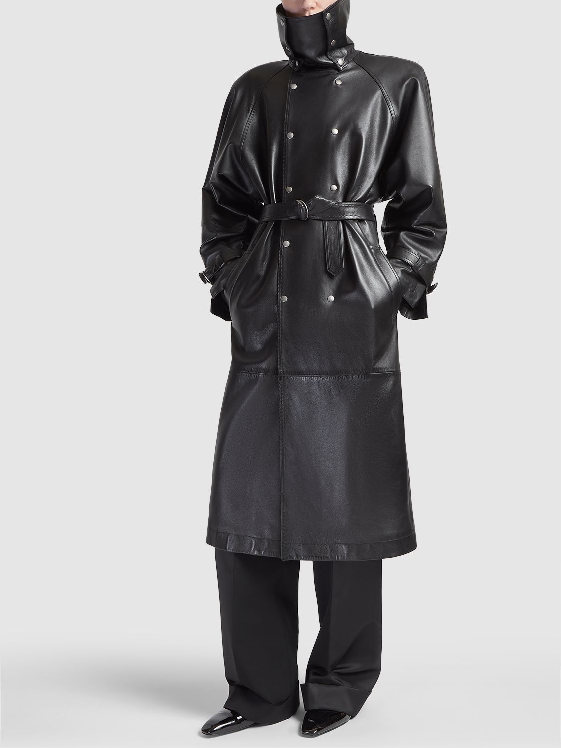 Shop Saint Laurent Long Leather Trench Coat In Black