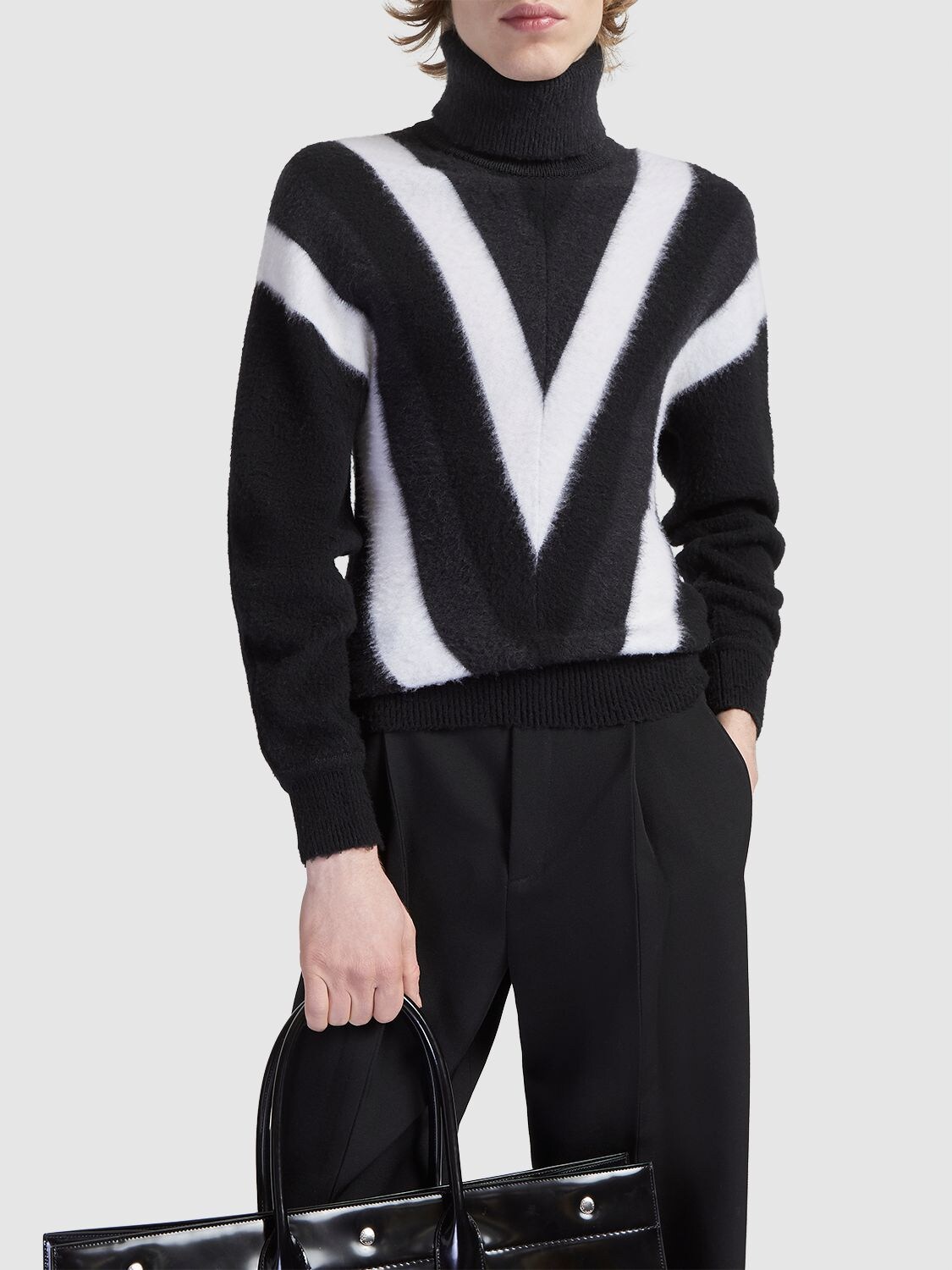 Shop Saint Laurent Brush Wool Turtleneck Sweater In Black,white
