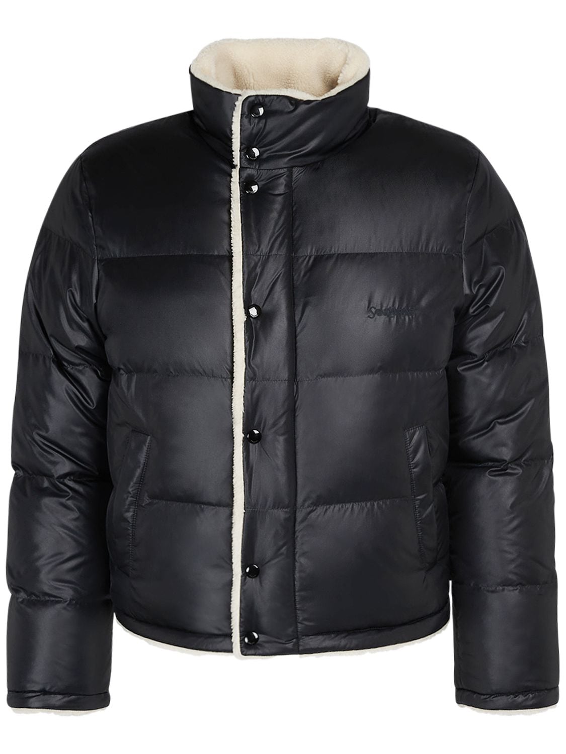Saint Laurent Men's Faux Shearling Puffer Jacket In Shiny Black
