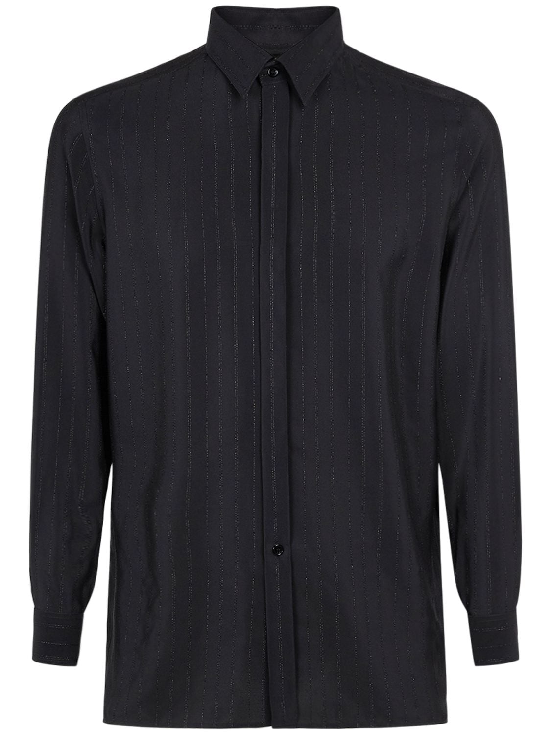 Shop Saint Laurent Striped Silk Blend Shirt In Shiny Black