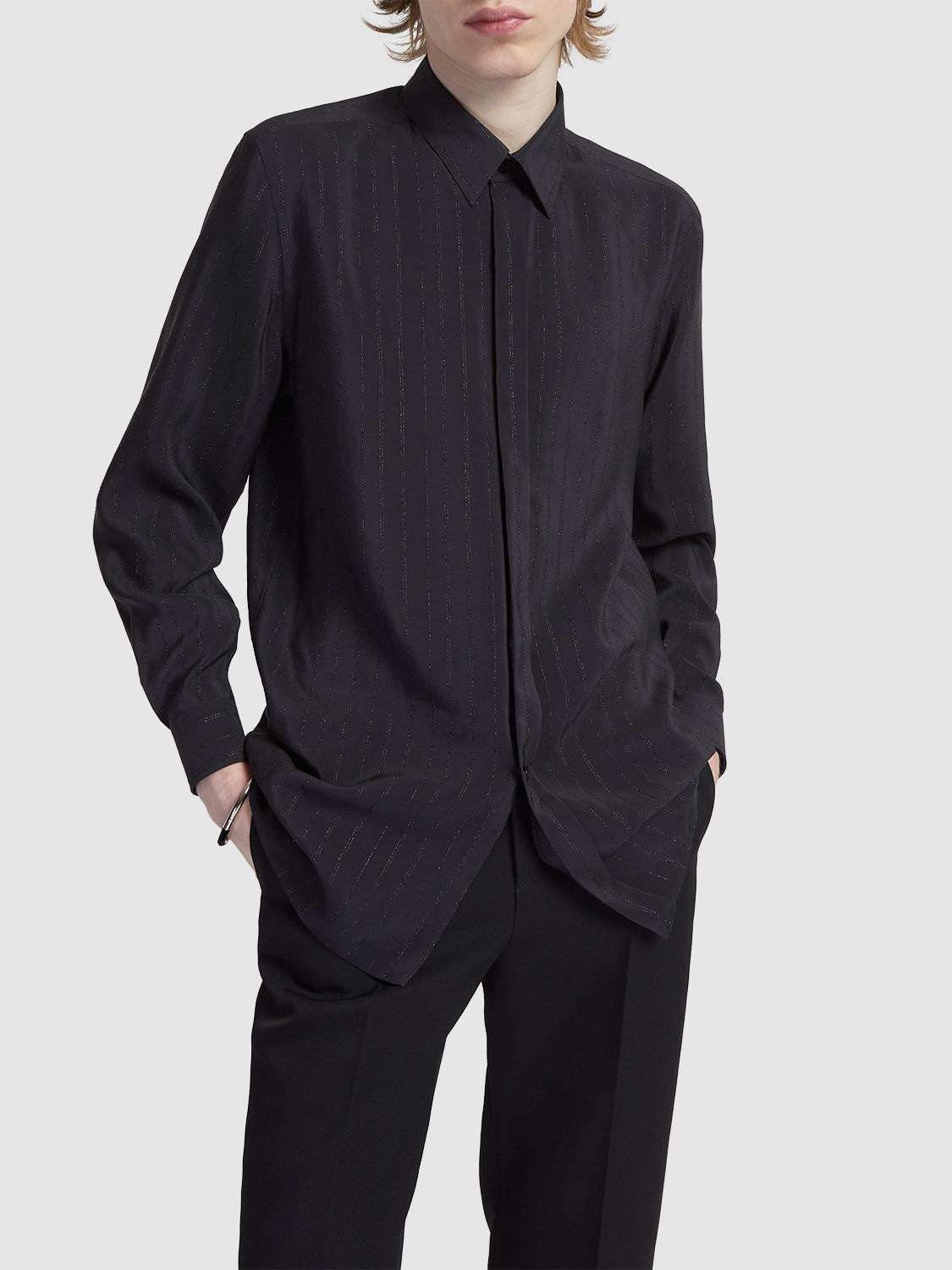 Shop Saint Laurent Striped Silk Blend Shirt In Shiny Black