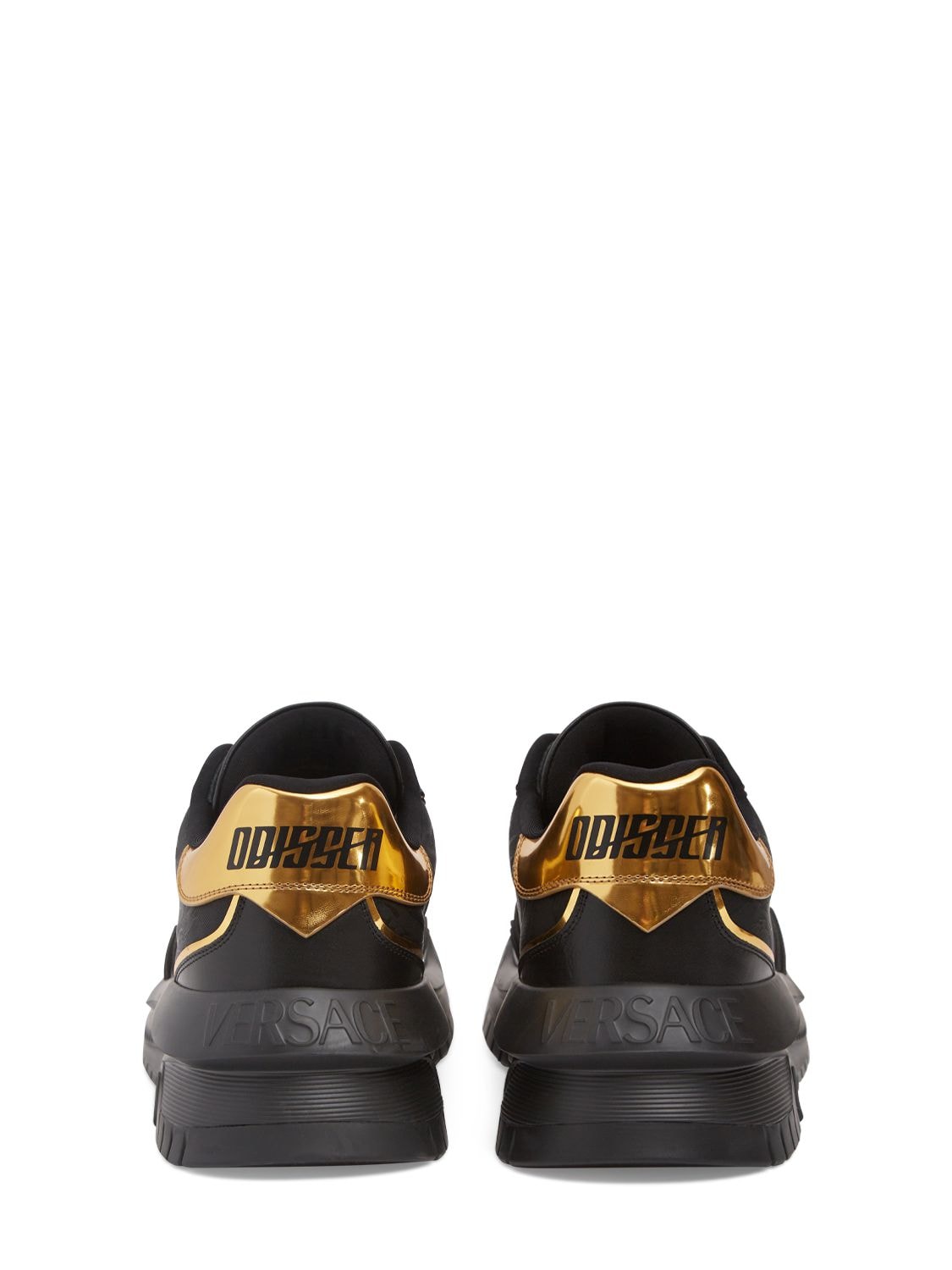 Shop Versace Leather Sneakers In Black,gold