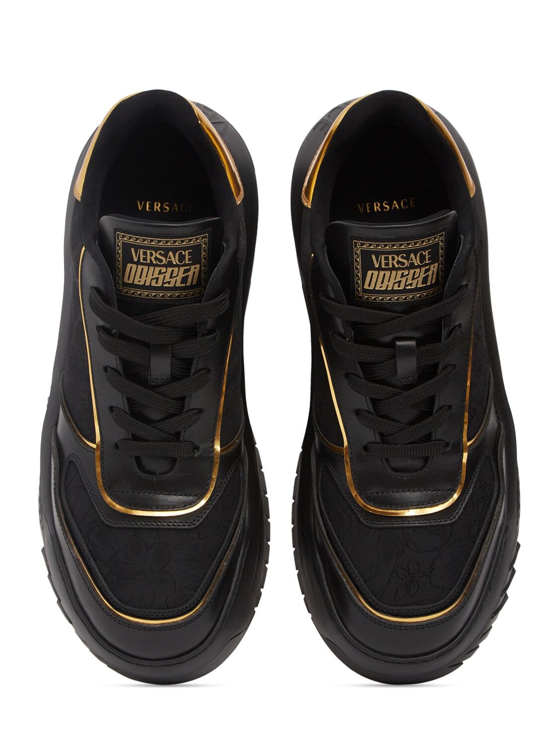 Shop Versace Leather Sneakers In Black,gold