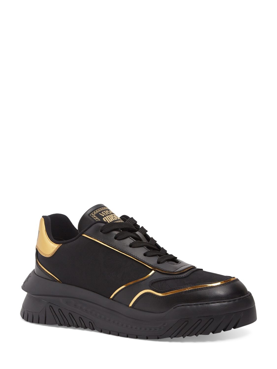 Shop Versace Leather Sneakers In Black,gold