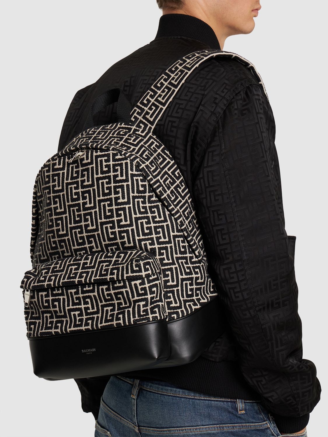 Shop Balmain Monogram Jacquard Backpack In Black,beige