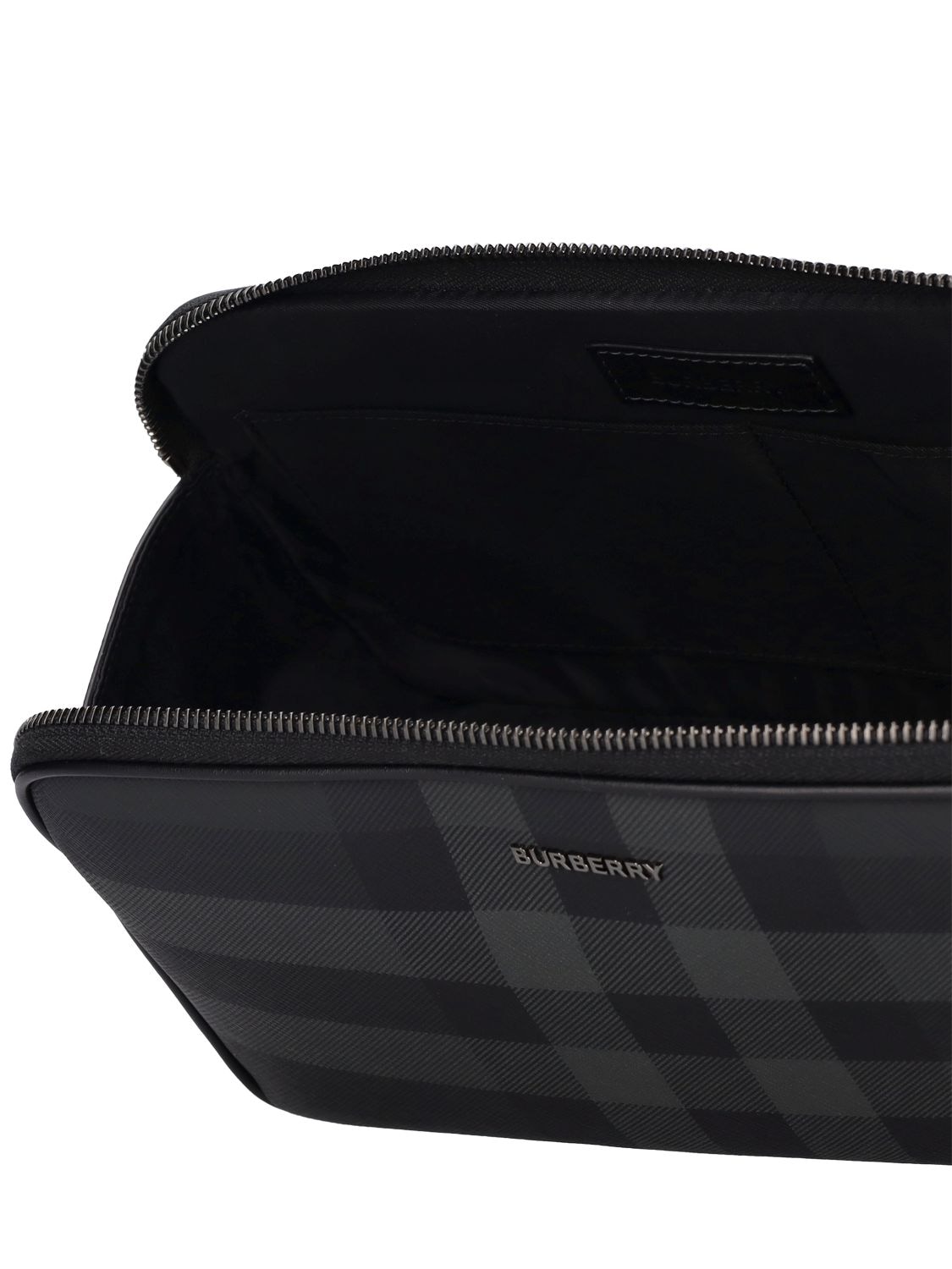 Shop Burberry Check Printed Toiletry Bag In Charcoal