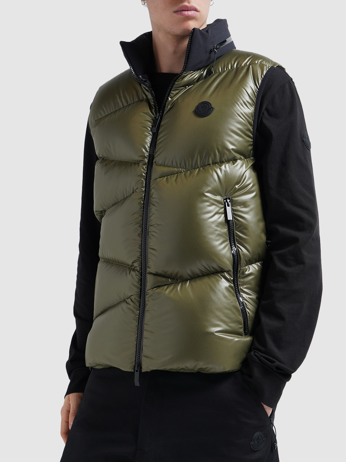 Shop Moncler Tago Shiny Tech Down Vest In Olive Green