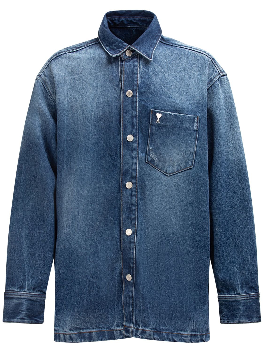 Shop Ami Alexandre Mattiussi Logo Oversize Denim Shirt In Used Blue