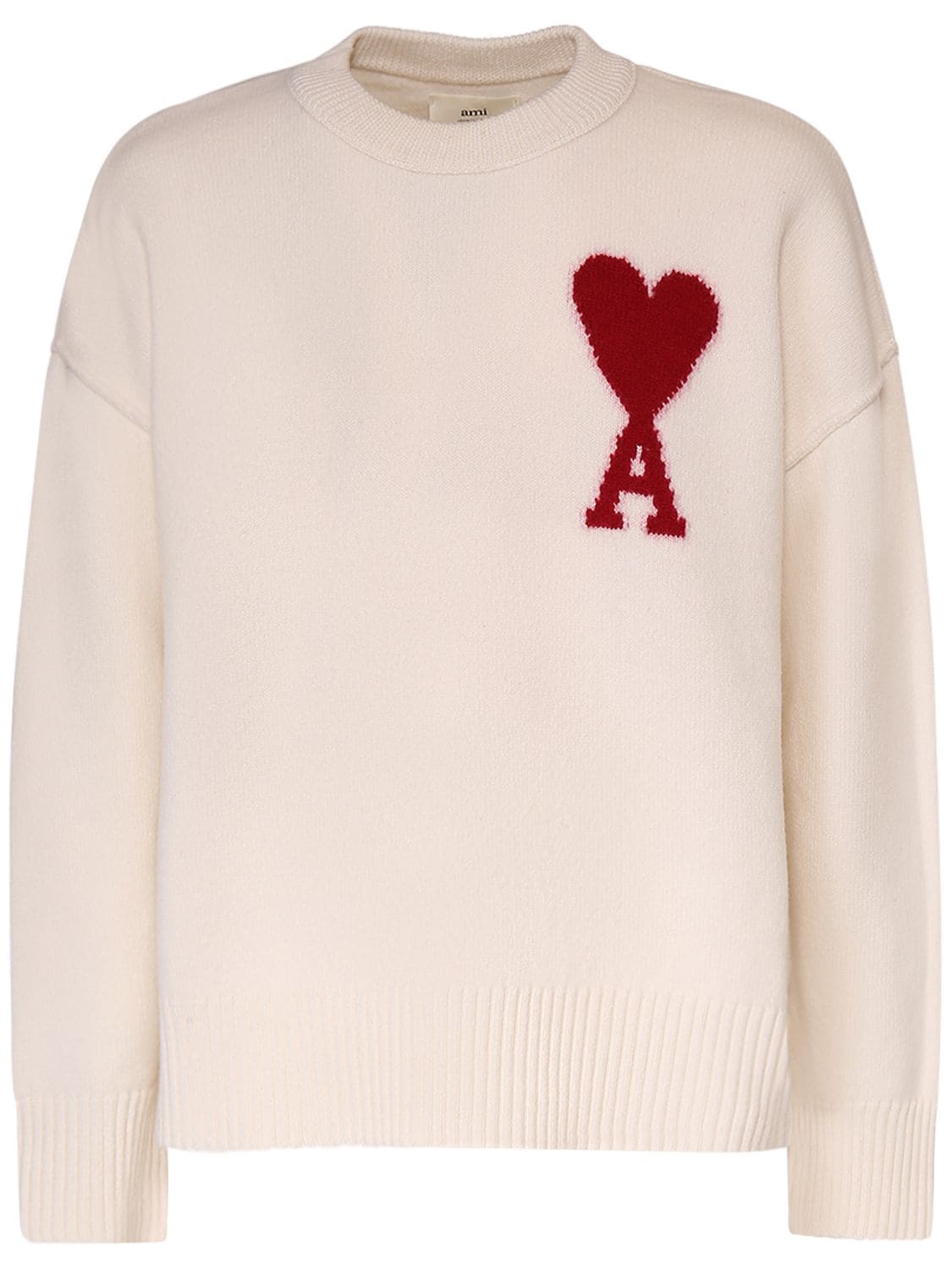 Ami Alexandre Mattiussi Logo Wool Knit Crewneck Sweater In Off White
