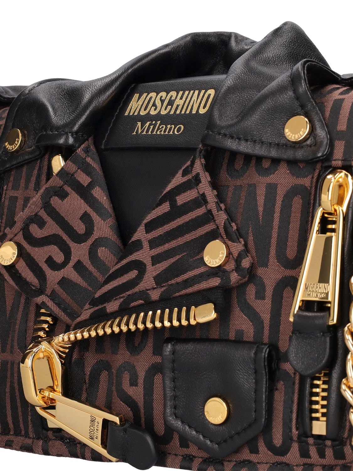 Shop Moschino Biker Logo Jacquard Shoulder Bag In Brown