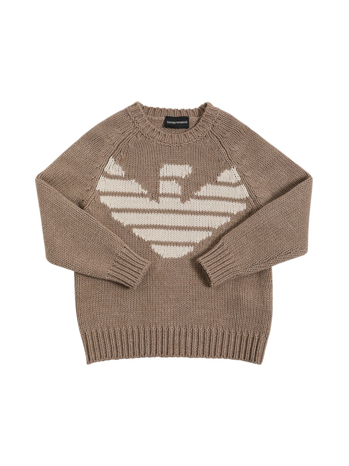 Emporio Armani Kids' Intarsia Wool Blend Sweater W/logo In Beige